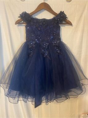 Girls Navy Floral Appliqué Tulle Dress- Flower Girl Wedding Dance Dress